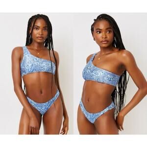 Frankie’s Bikinis Barb Paisley One Shoulder Blue Bikini Swim Top
